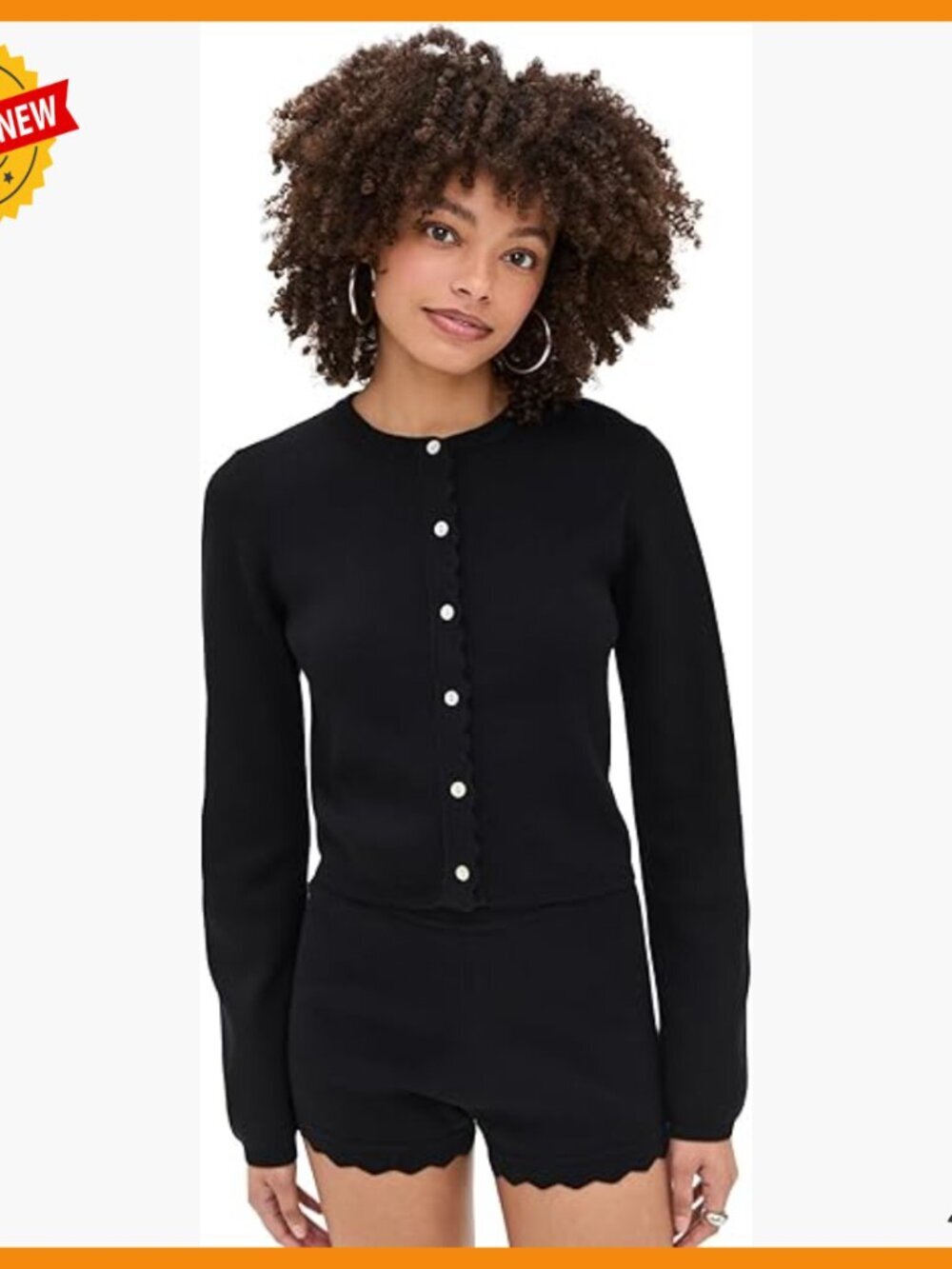 Lightweight Knit Cardigan with Scalloped Trim, Long Sleeves